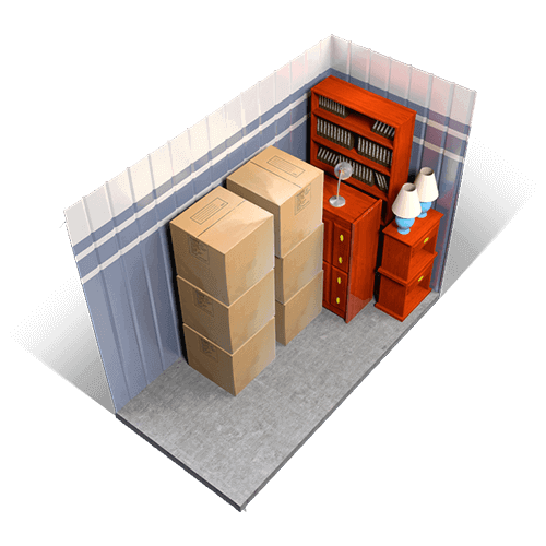An example of a 5x10 storage unit holding boxes, furniture, and miscellaneous items.